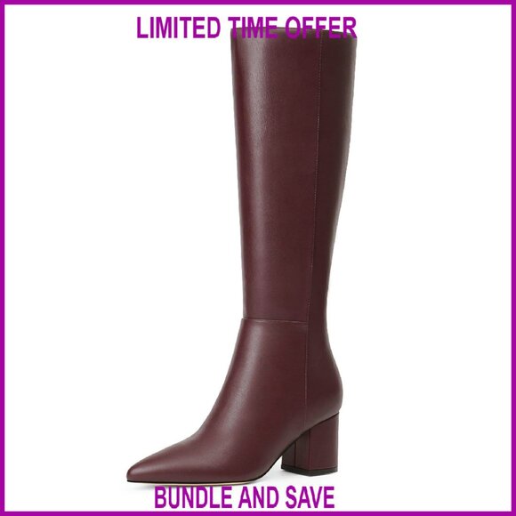 Knee High Boots Chunky Heel Pointed Toe Side Zipper Long Boots